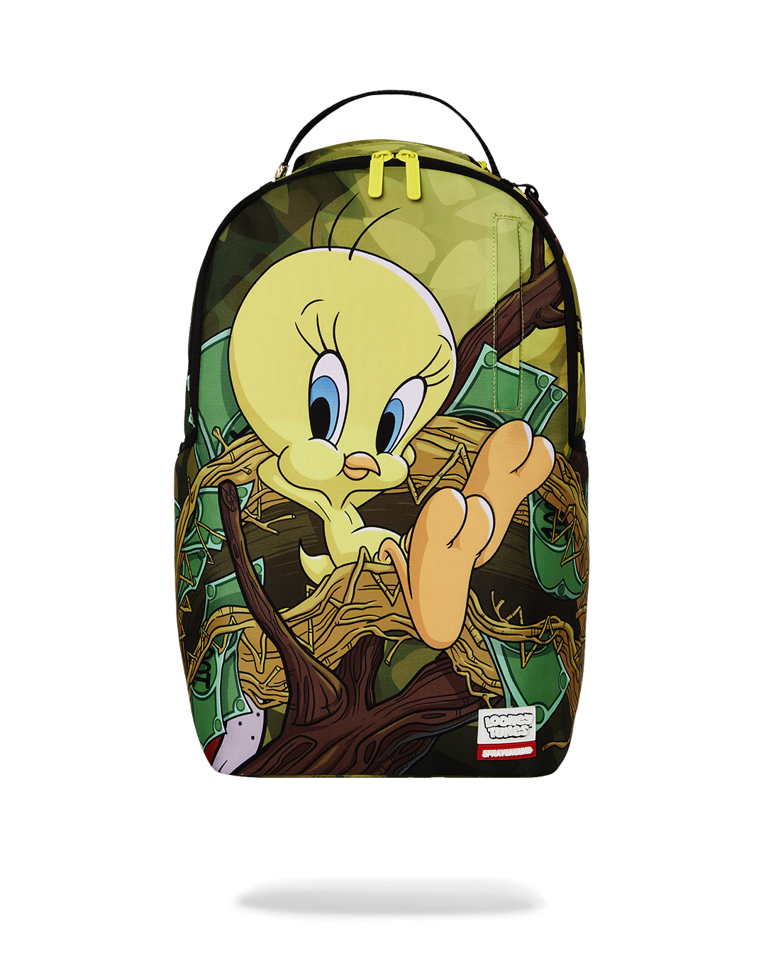 Front view of Tweety backpack cartoon showing zippered compartments and badge detail.