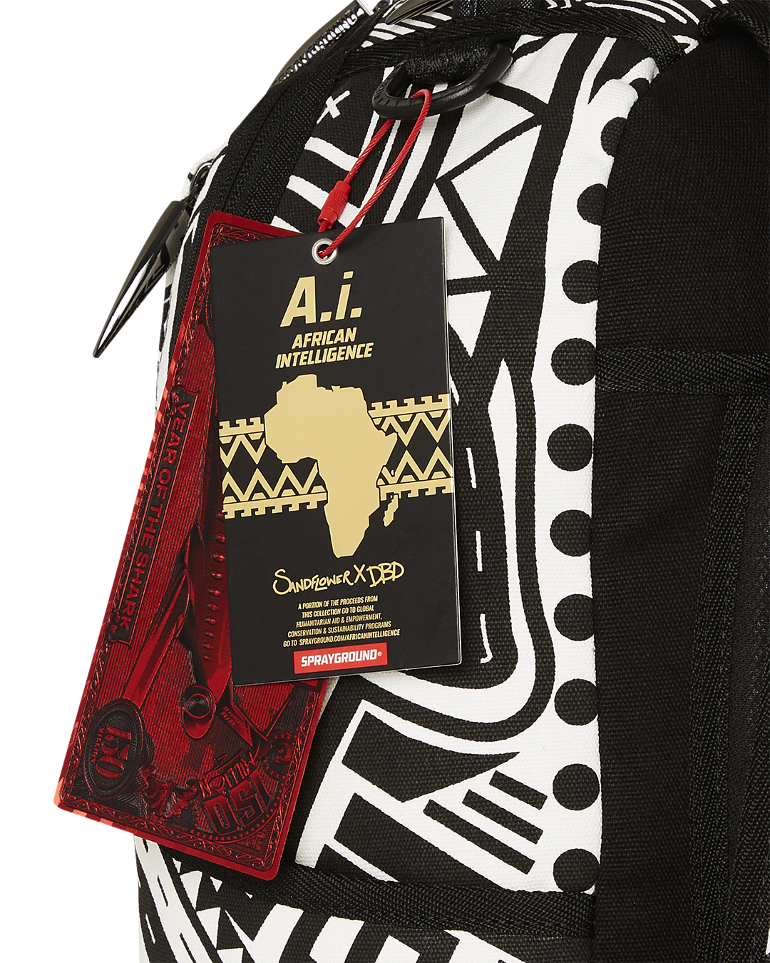 Front view of the A.I. Skyhawk designer backpack with gold zippers and metal badge