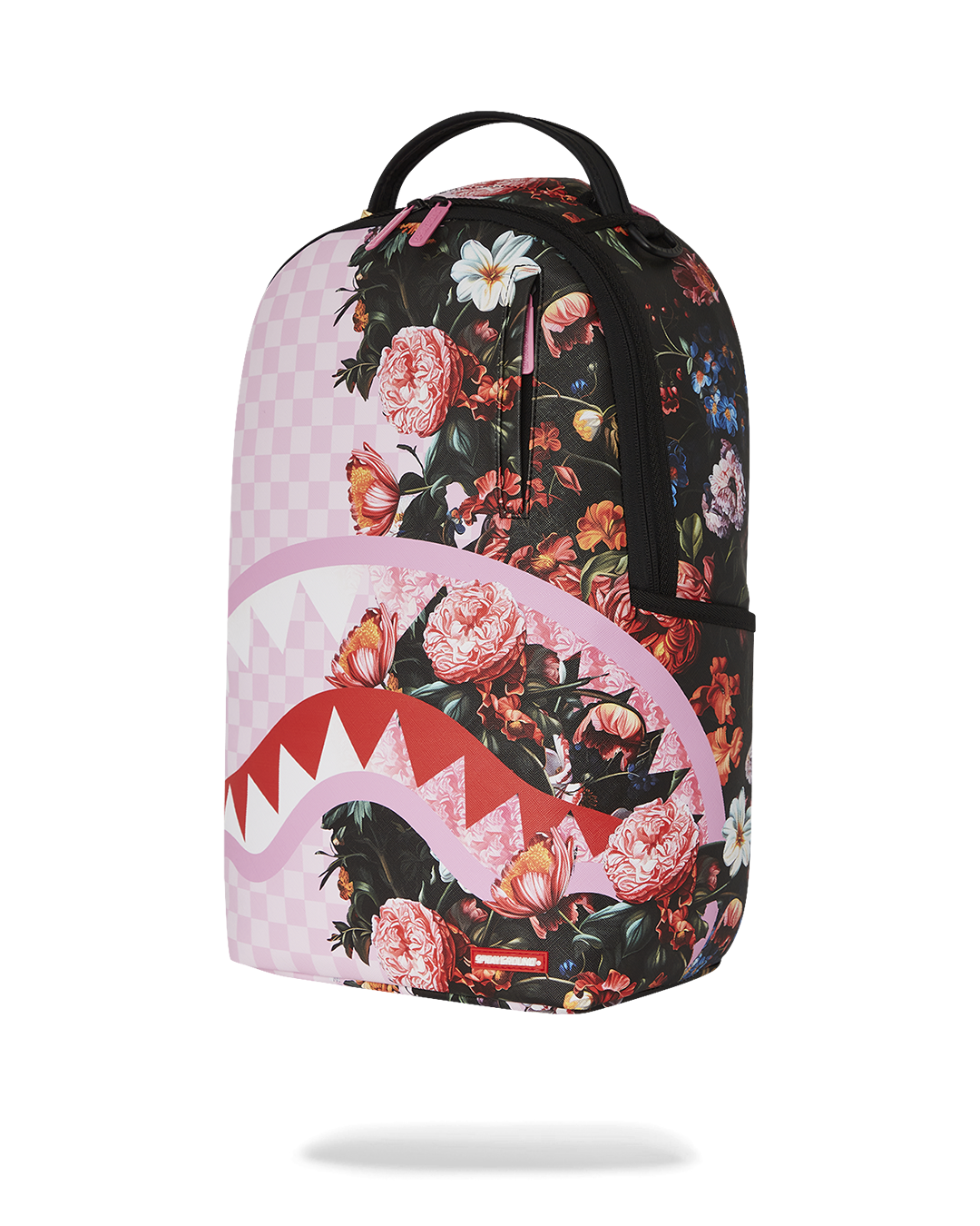 Front view of Jardin de Flores faux leather travel backpack with gold zippers