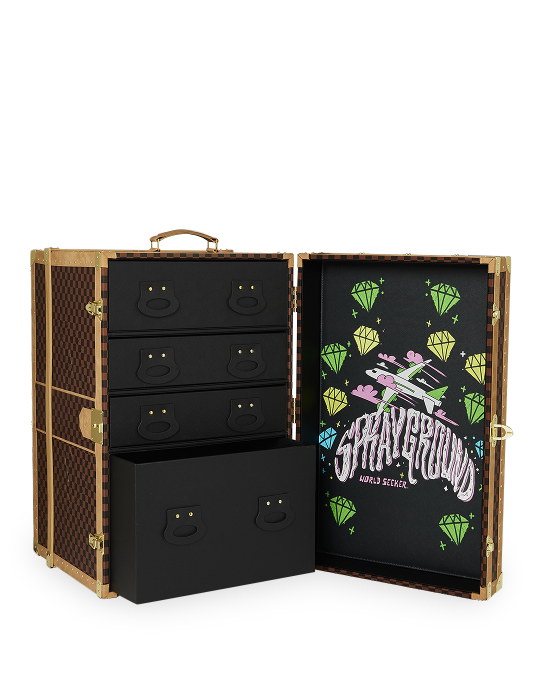 Steamer Trunk Wardrobe with wheels and cut and sew detailing, ready for travel.