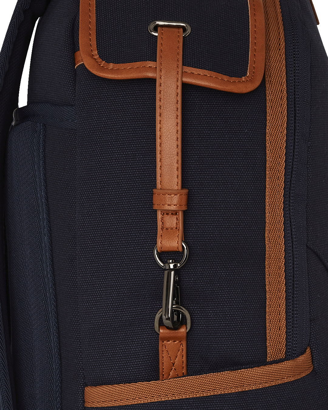 Side angle of the backpack highlighting the side pockets and adjustable straps