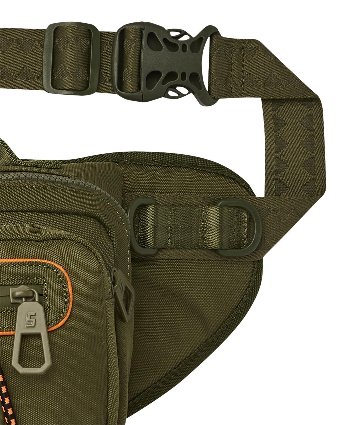 Close-up of the bags adjustable VSM Strap and plastic buckle closure