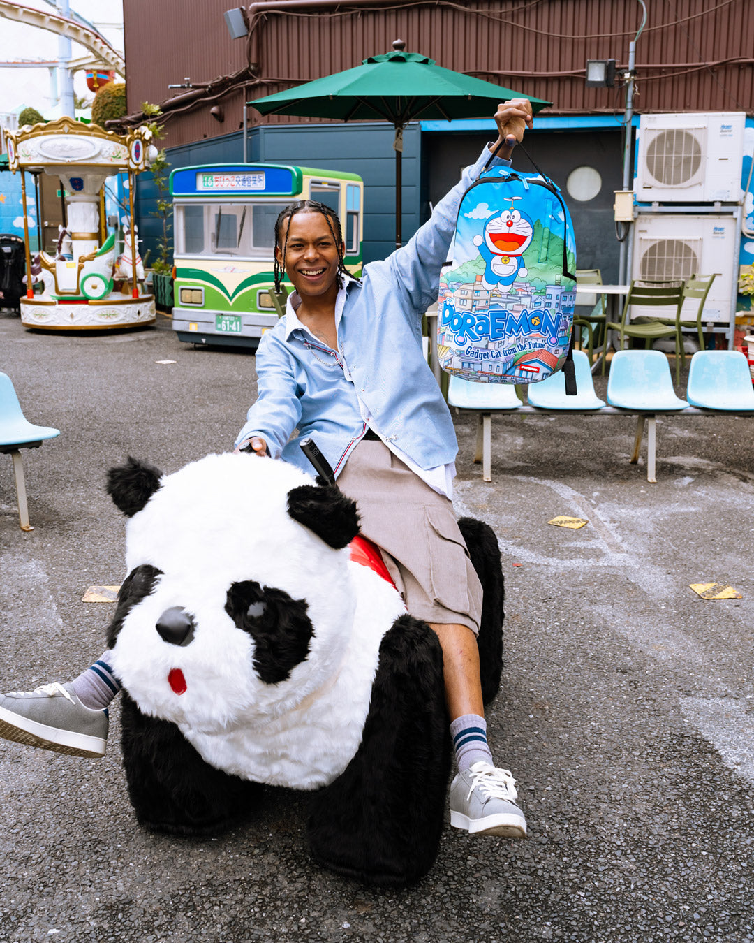 Interior of Doraemon backpack featuring laptop compartment and organizers