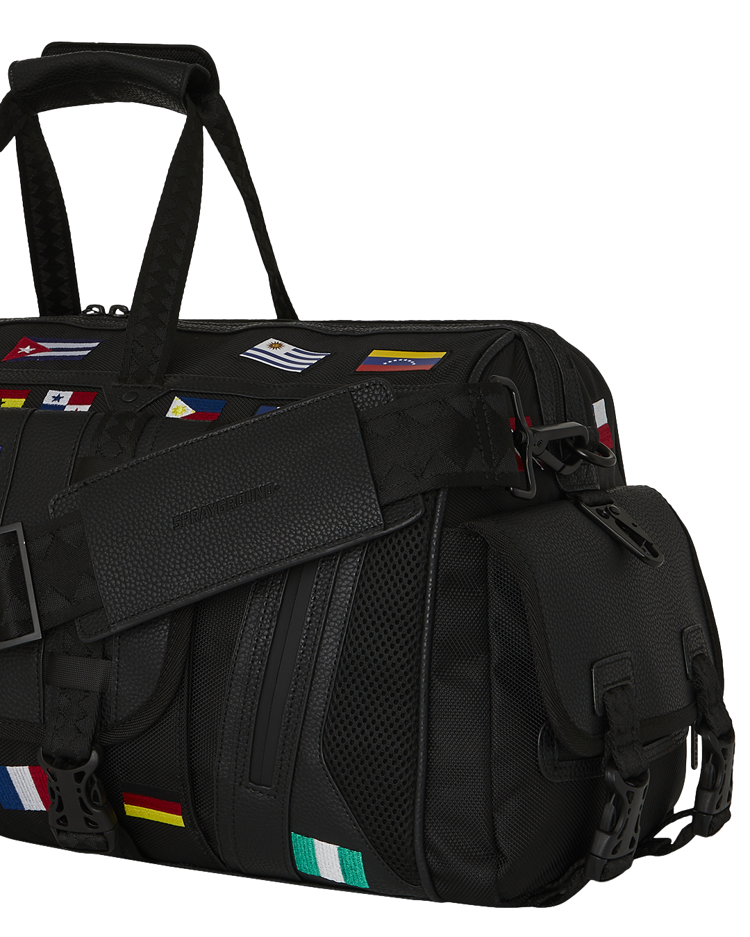 Side view showing adjustable straps and sneaker pocket for travel