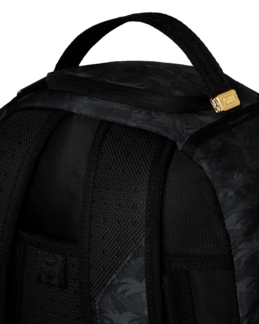 Front view of the pink Sprayground backpack showcasing zippers and pockets.