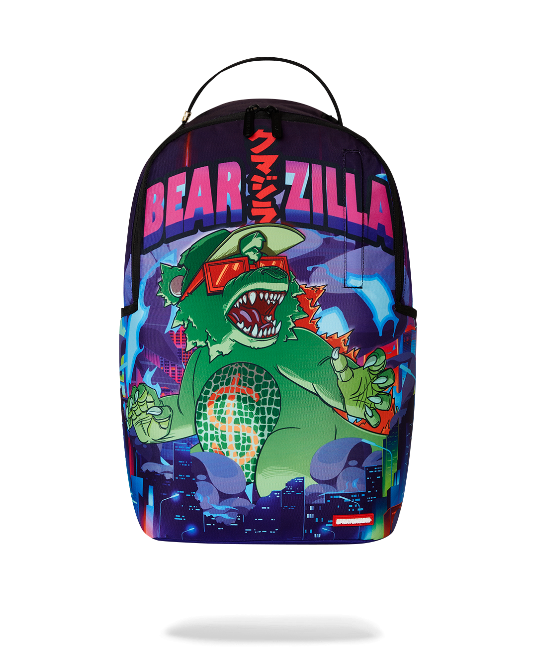 Bearzilla DLXR backpack front view with gold zippers and side pockets