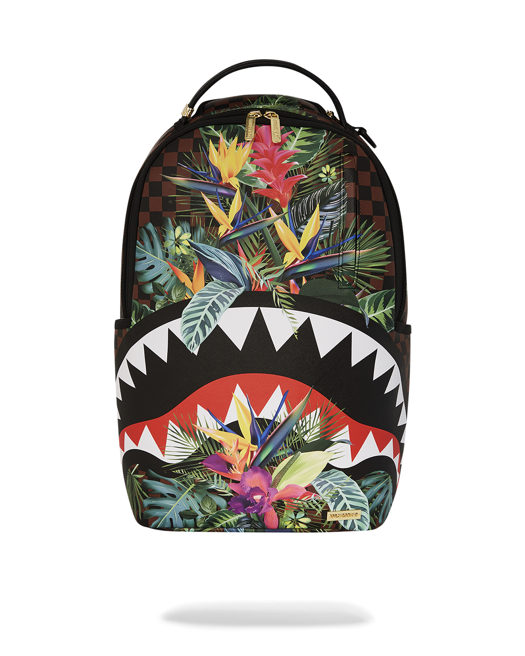 Tropical Check Deluxe backpack front view with faux leather and gold zippers