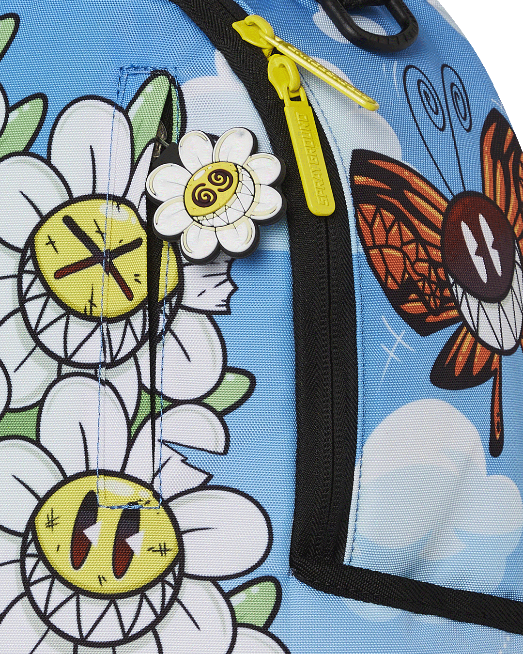 Sprayground Crazy Daisy Backpack with side pockets and zippered stash pocket