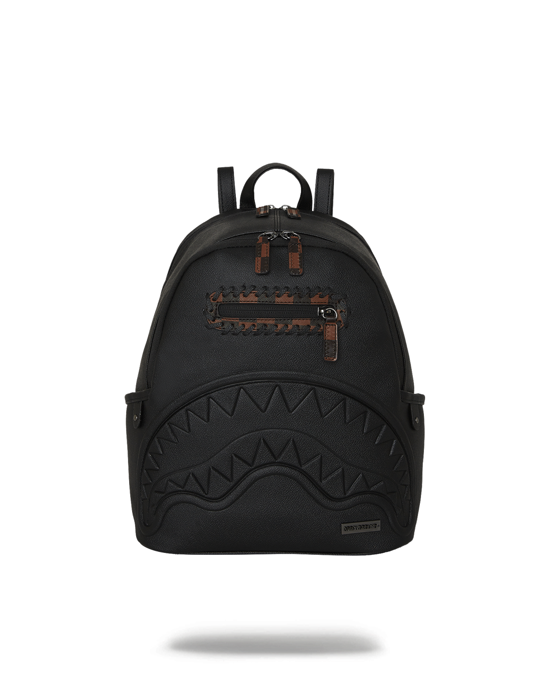 Front view of the stylish fashion backpack with embossed sharkmouth detail