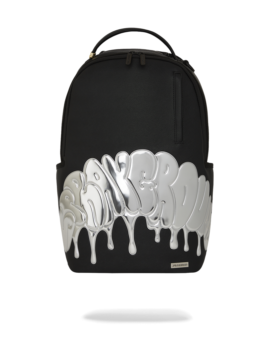 Sprayground Bubble Shark backpack front view, showcasing metallic TPU finish and embossed logo