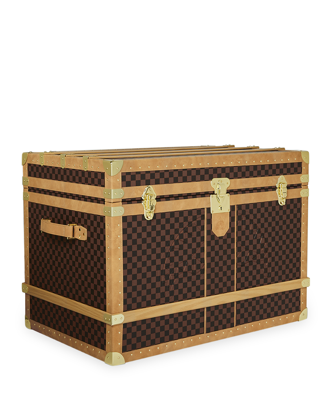 Interior of the Luxury Steamer Trunk Wardrobe, featuring printed graphic design and drawers.