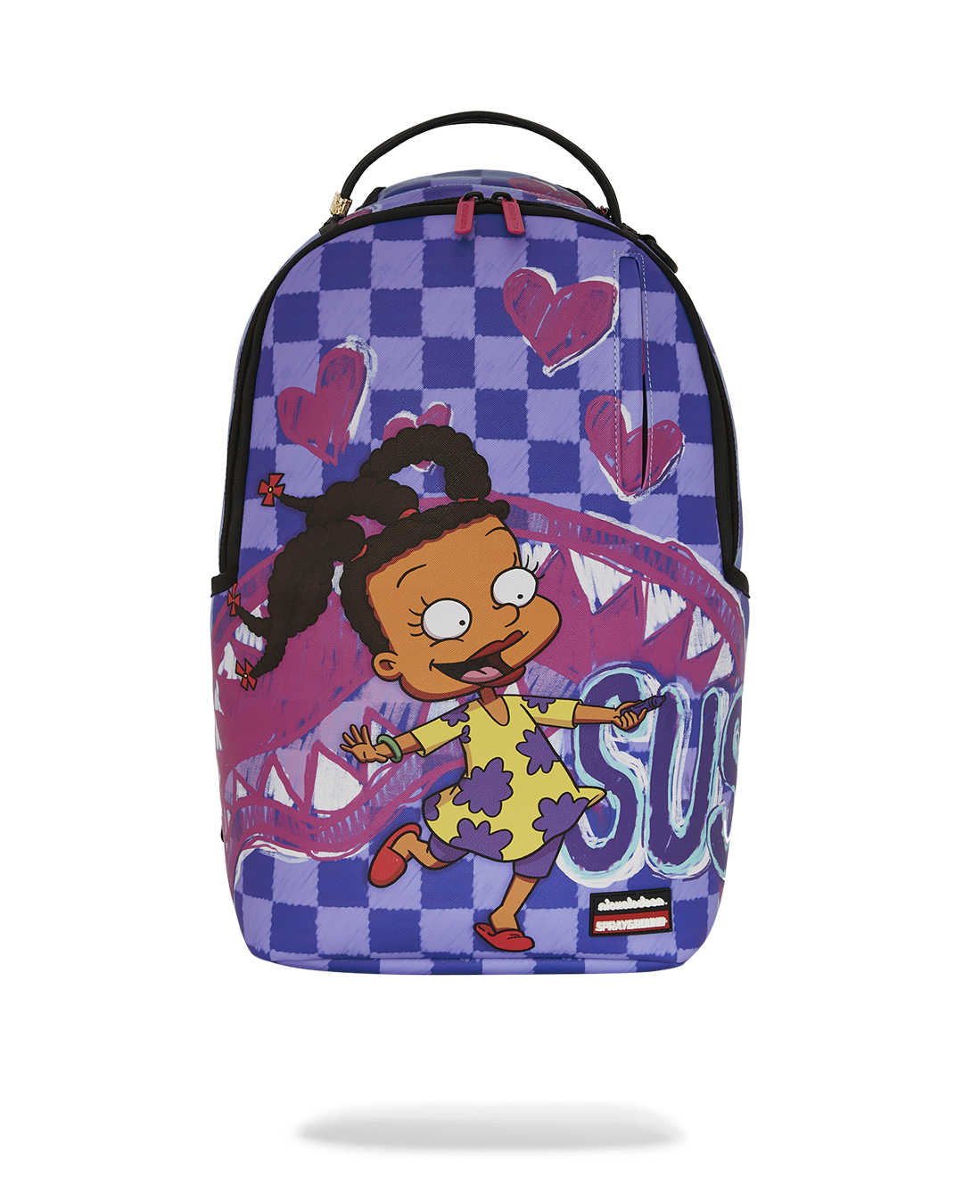 Front view of Rugrats Susie Crayon Shark backpack with zipper pockets