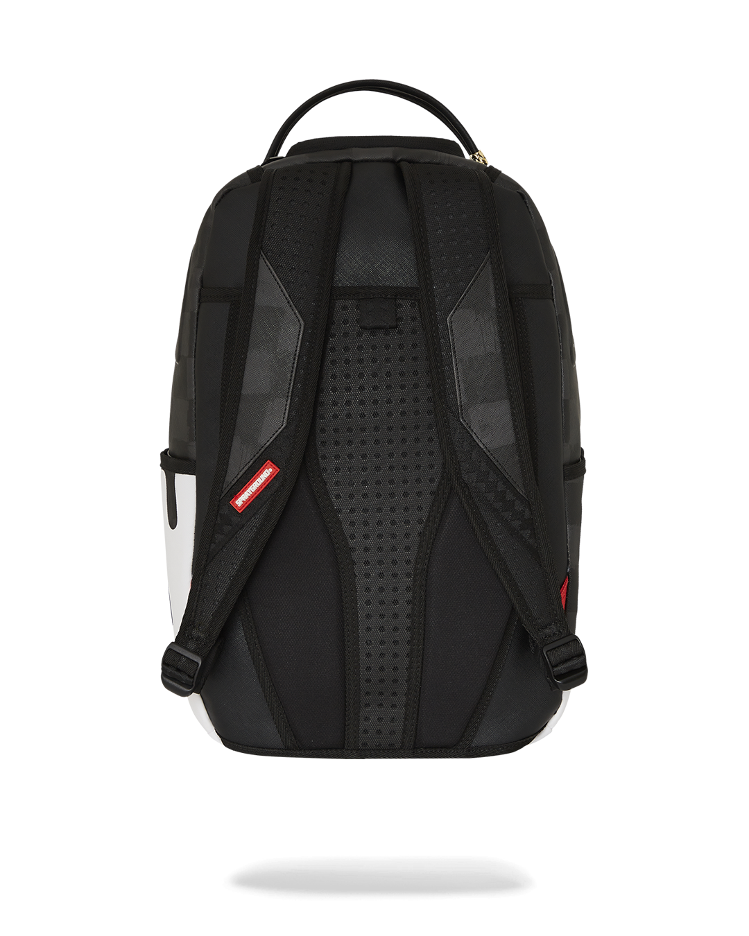 Front view of the faux leather backpack with Snoopy art and gold zippers