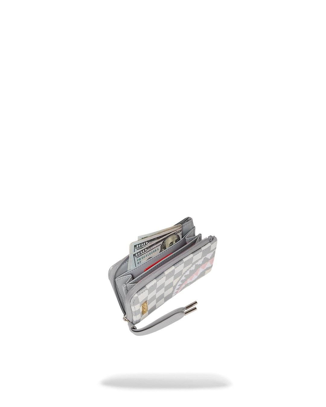 Front view of Sprayground Knit Sharks wallet open, displaying card slots and Paris-themed design.