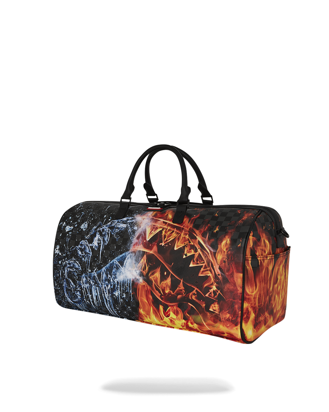 Side angle showing sneaker pocket and adjustable strap on gym bag
