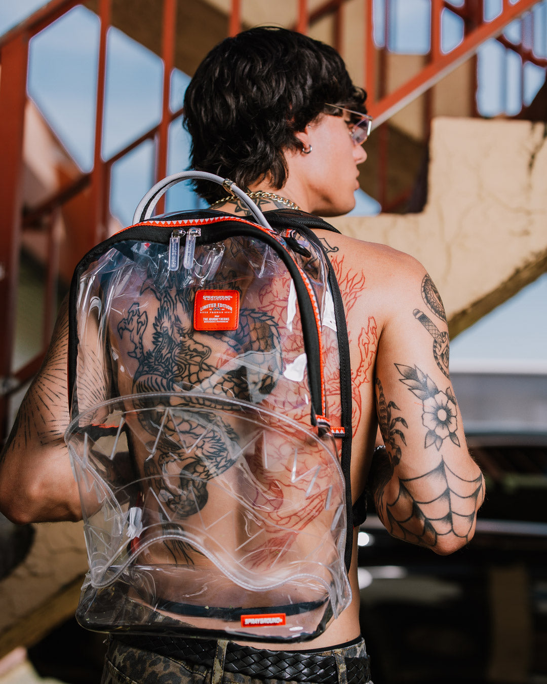 Interior compartments of transparent backpack, including laptop sleeve