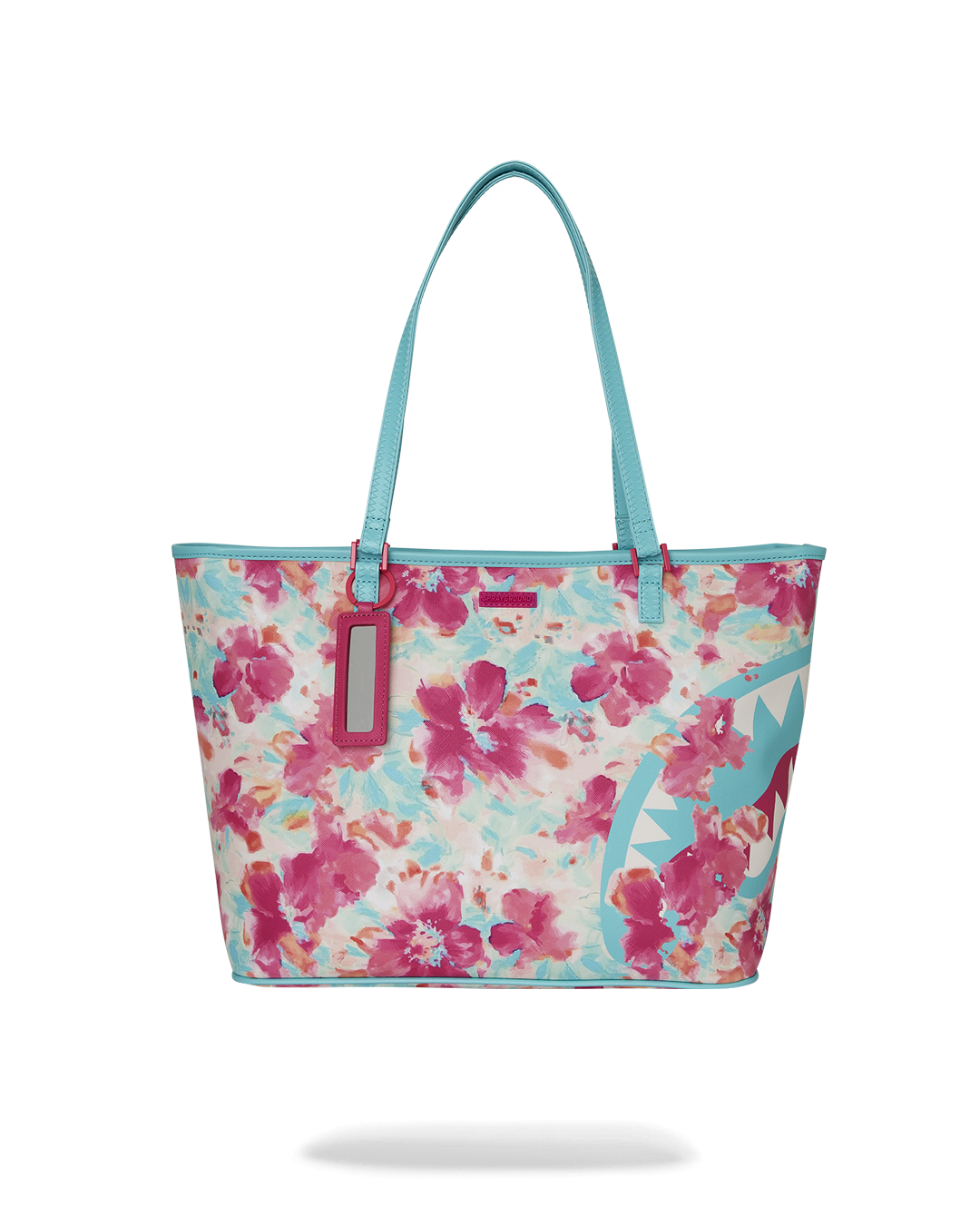Front view of the printed tote bag featuring floral artwork and top double handles