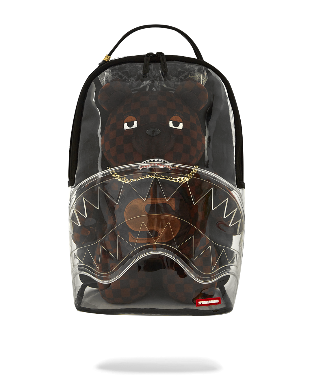 Sprayground clear backpack worn over shoulders, showcasing sharkmouth detail