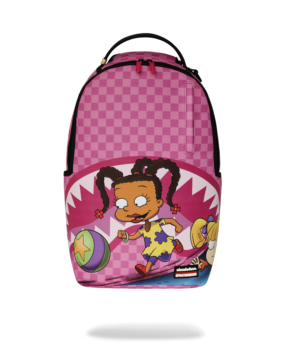 Front angle of Sprayground backpack pink DLXV with Rugrats print and gold zippers.