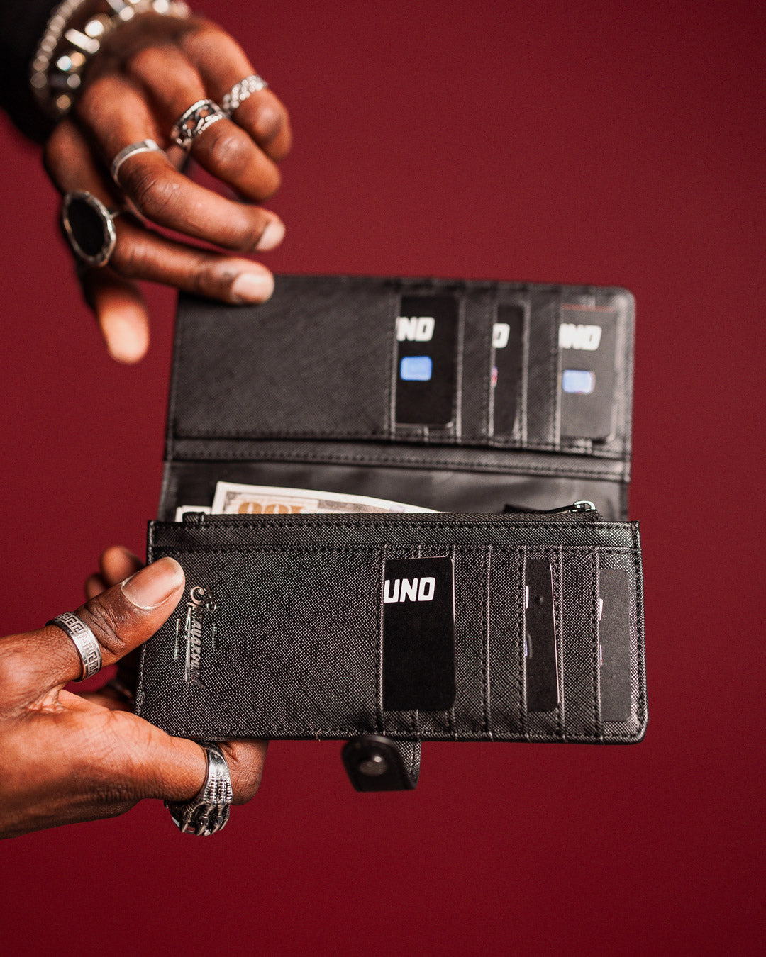Midnight Château wallet open, showcasing interior card slots and bill slot
