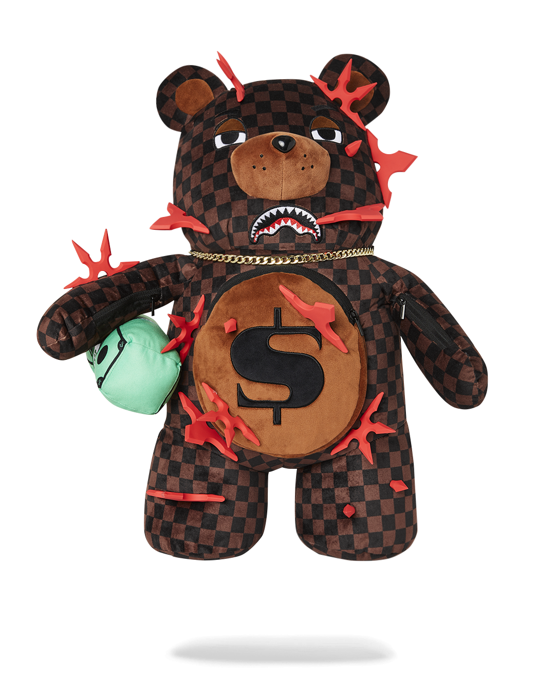 Cuddly teddy bear plush backpack with foam ninja stars, front view