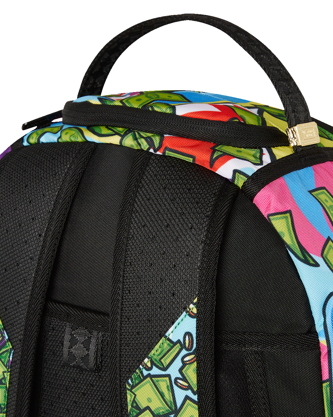 Angled view showing the designer backpack with gold zippers and ergonomic mesh padding.