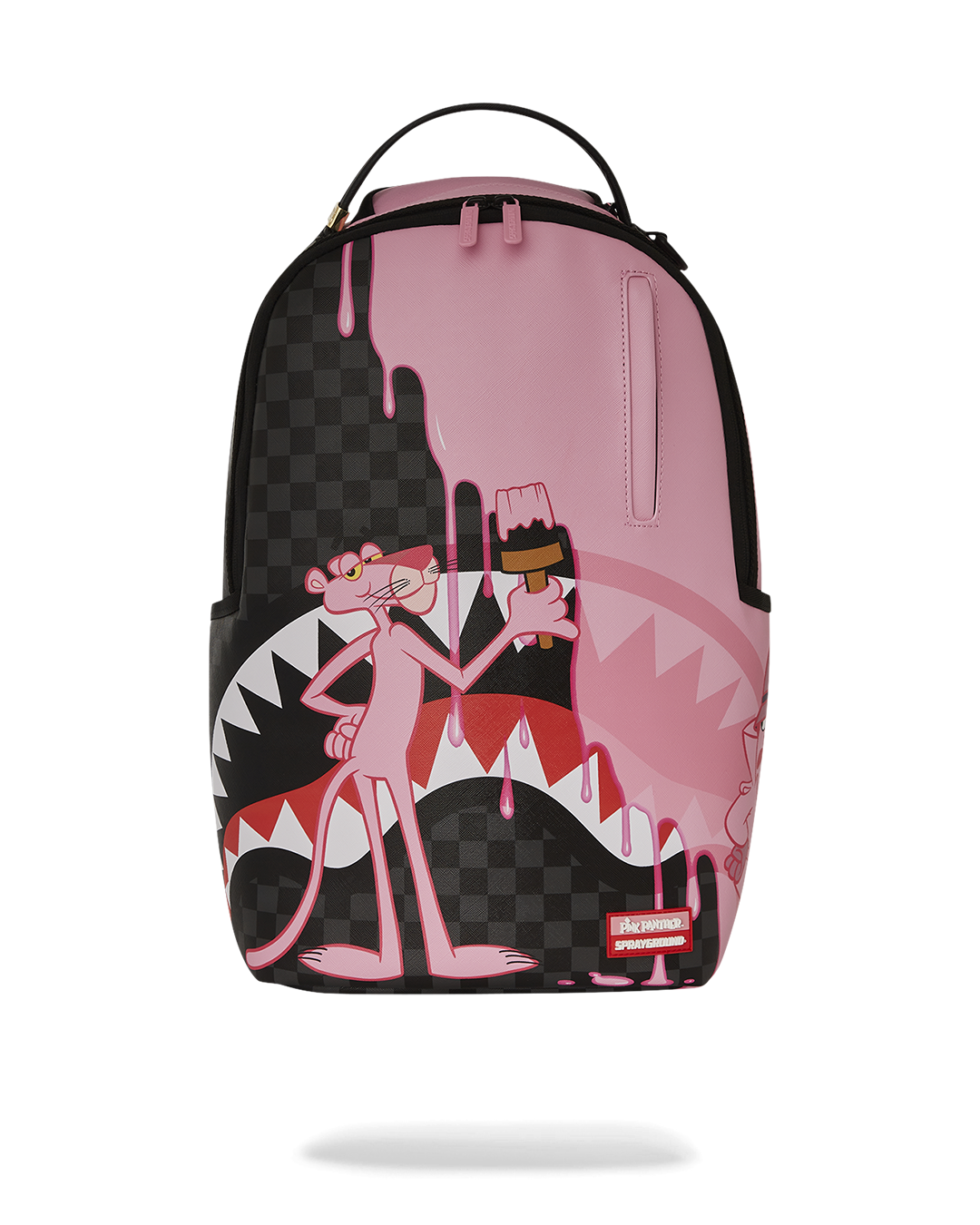 Pink Panther Painter backpack with faux leather finish and gold hardware, shown from the front.