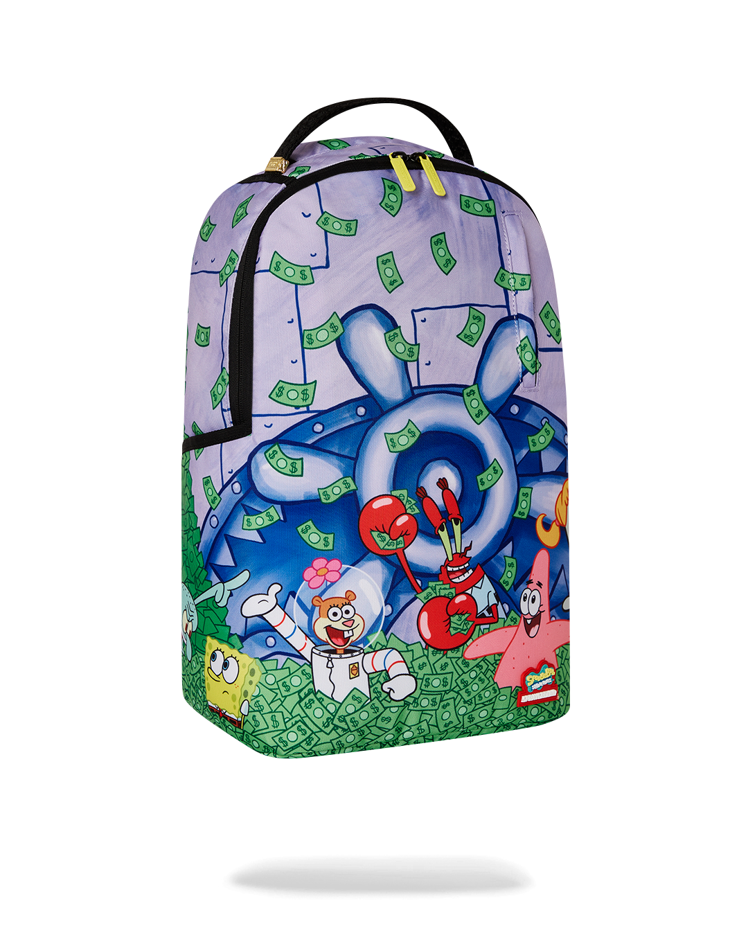 Side view of SpongeBob Sprayground backpack with adjustable straps and ergonomic padding.