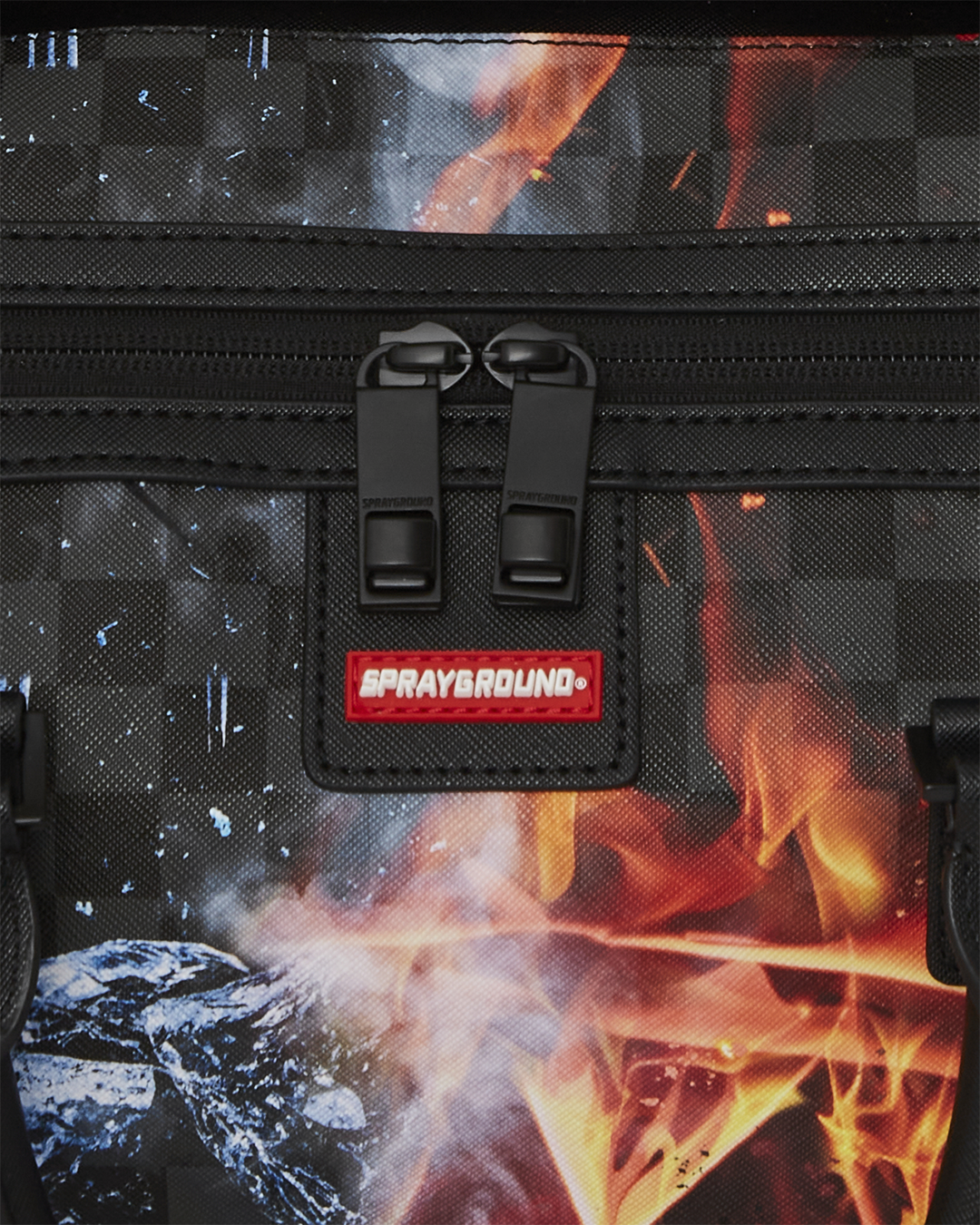 Side angle showing sneaker pocket and adjustable strap on gym bag