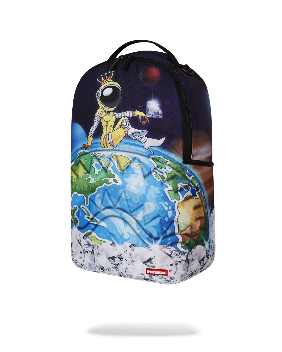 Front view of AstroGalaxy Queen backpack showing embossed sharkmouth design and gold zippers