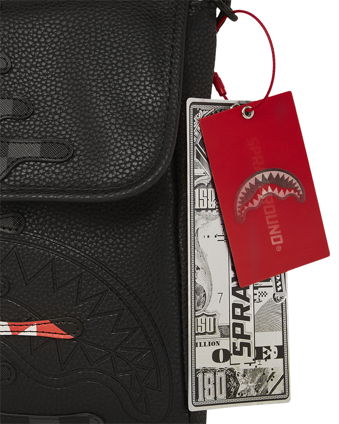 Close-up of the bags adjustable crossbody strap and zipper closure.