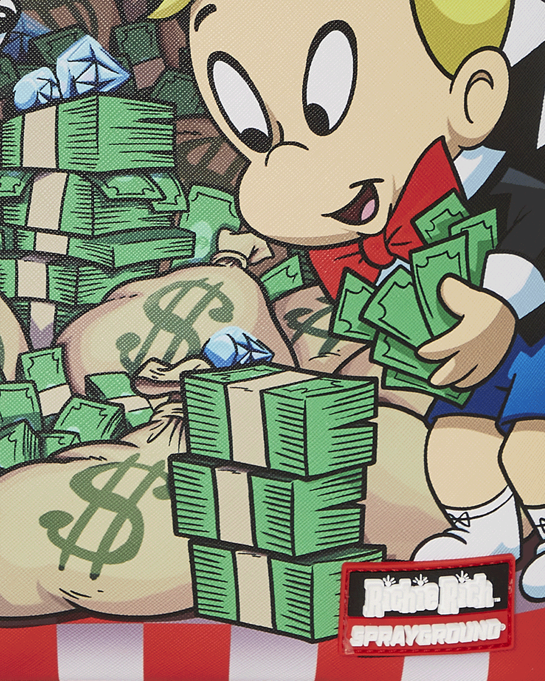 Stylish exterior of the Richie Rich backpack featuring gold zippers and side pockets.