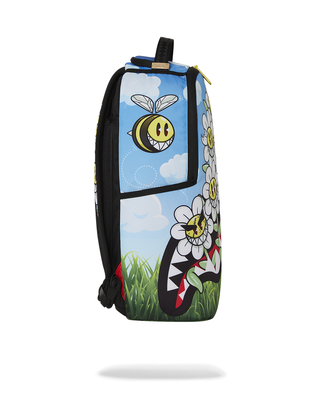 Back view of the Sprayground Crazy Daisy Backpack showing ergonomic mesh back padding