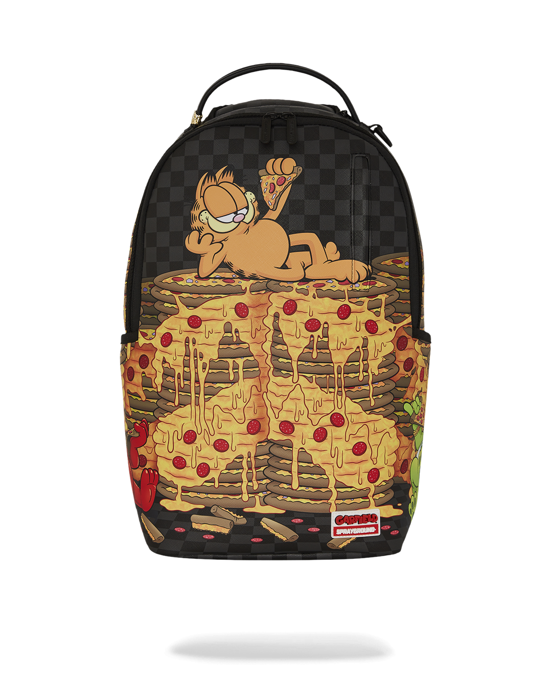 Side angle of the leather faux backpack showing Garfield and pizza graphic detail.