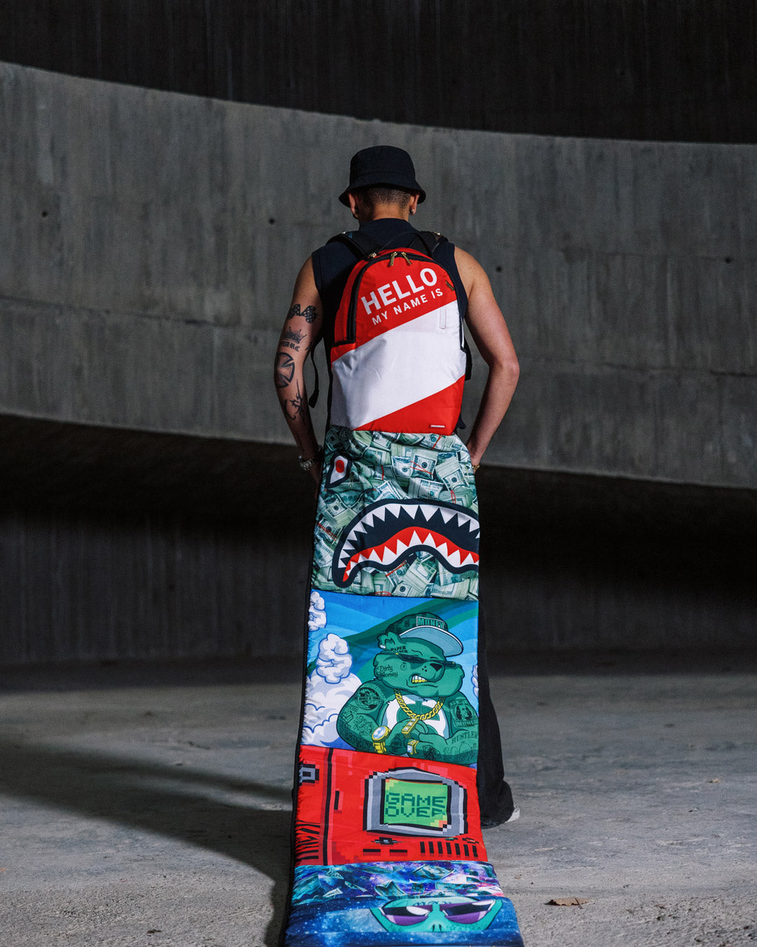 Front view of the limited edition Sprayground backpack with vibrant art designs.