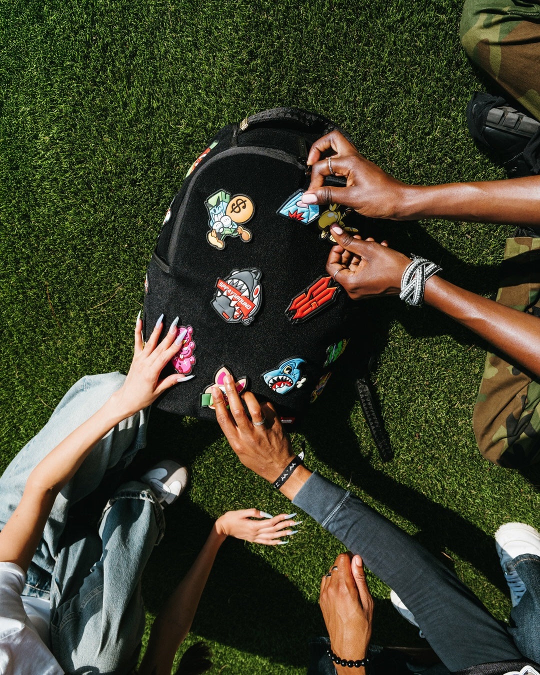 Close-up of the customizable velcro backpack with patches for kids