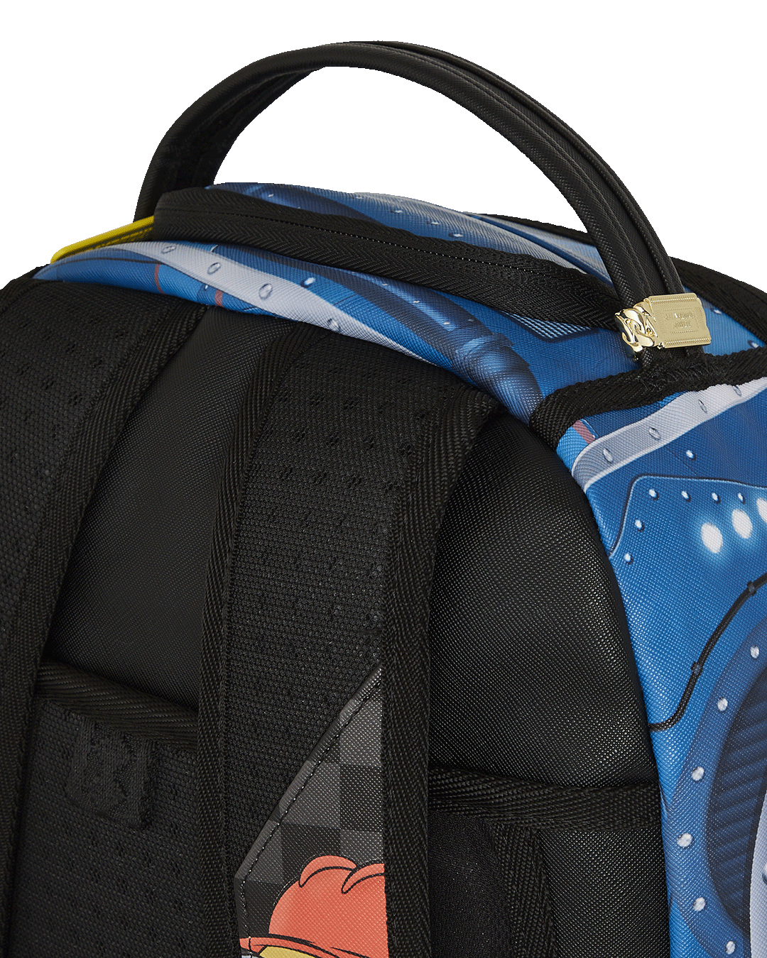 Front view of the Minions faux leather mini backpack, showcasing the zipper pocket and fun design.