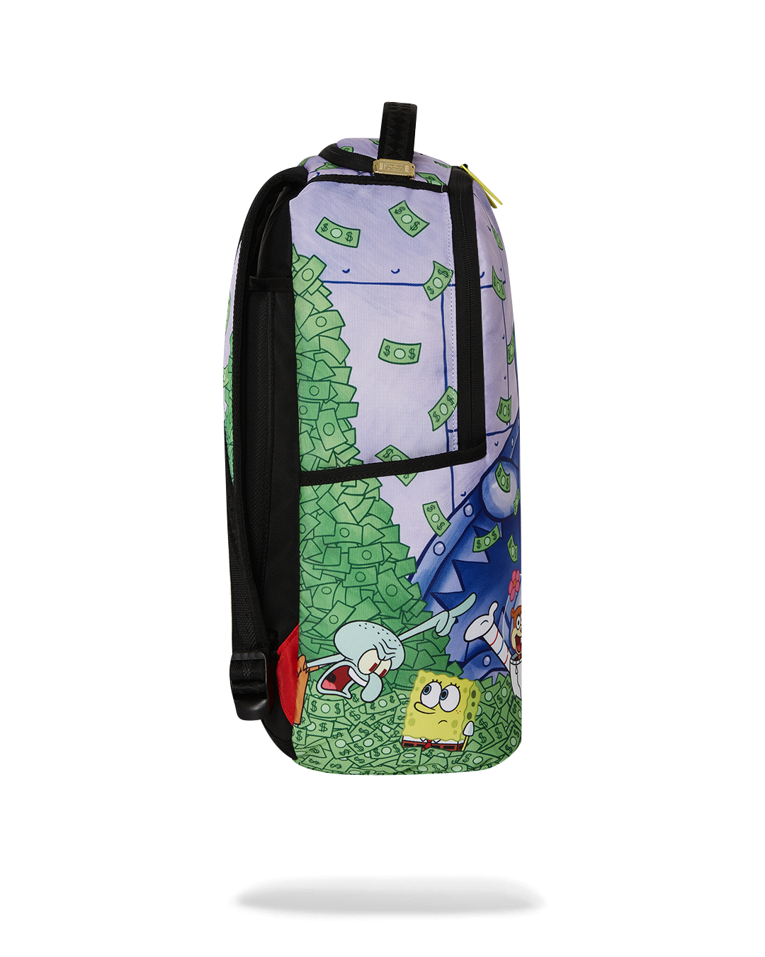 Interior of the SpongeBob backpack displaying the velour laptop compartment and mesh organizer.
