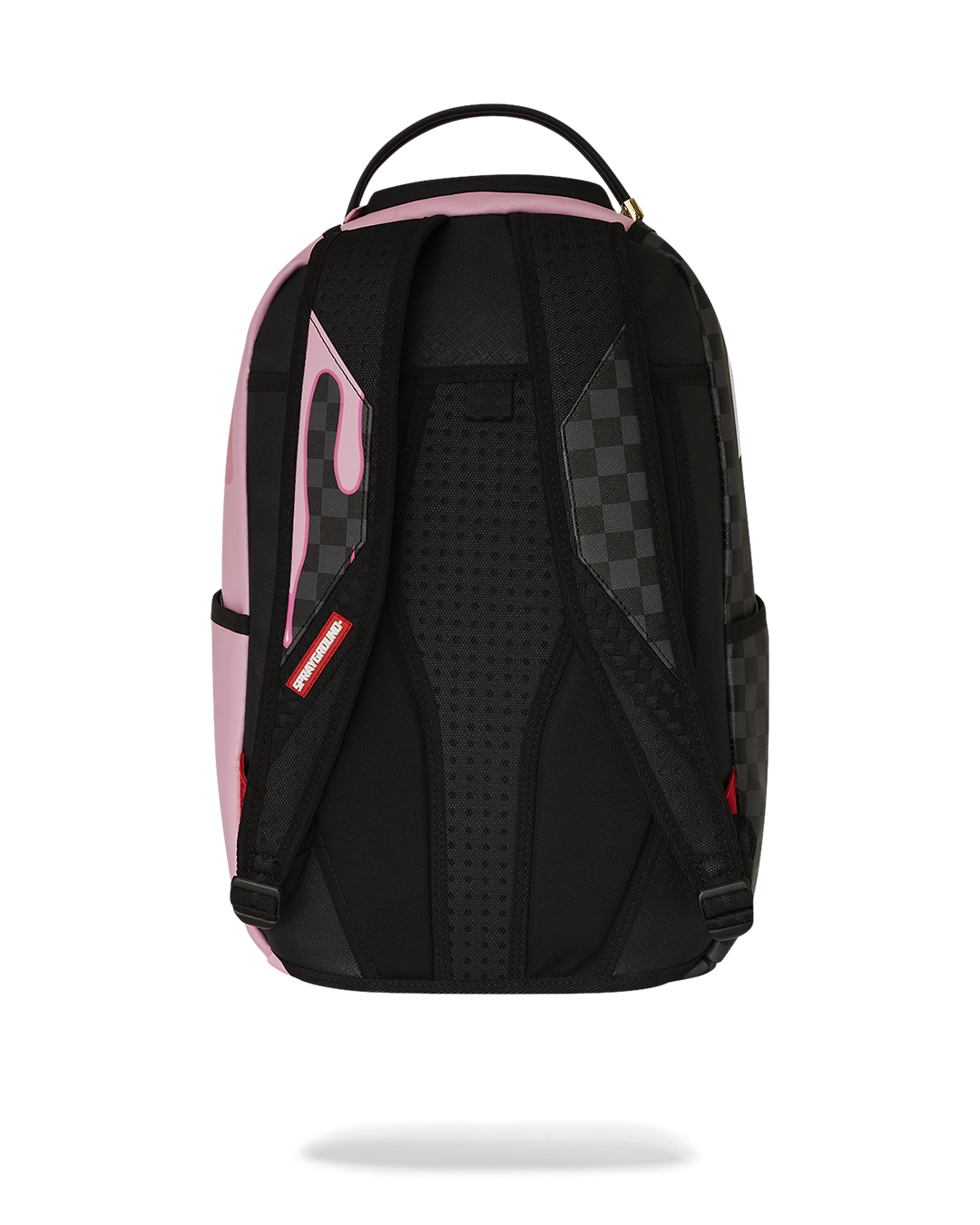 Pink Panther Painter backpack with faux leather finish and gold hardware, shown from the front.