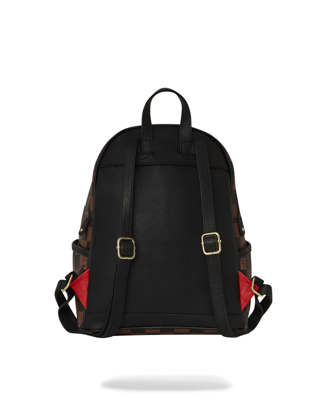 Front view of stylish faux leather backpack with gold zippers on city sidewalk