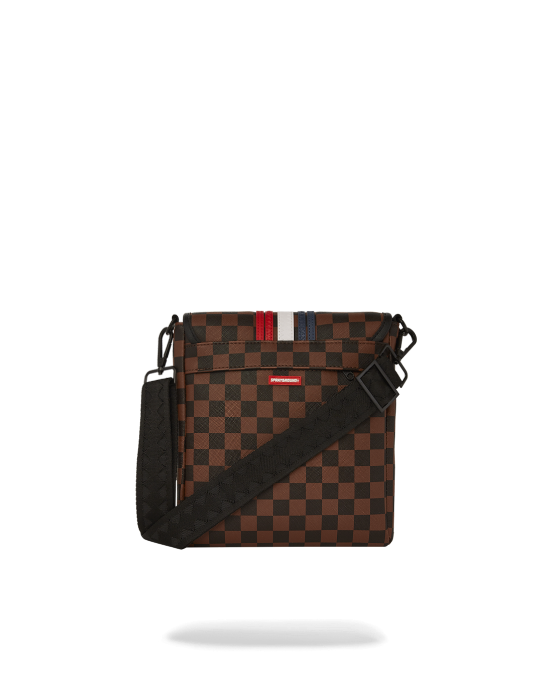 Close-up of the faux leather texture and zipper details on the sling bag