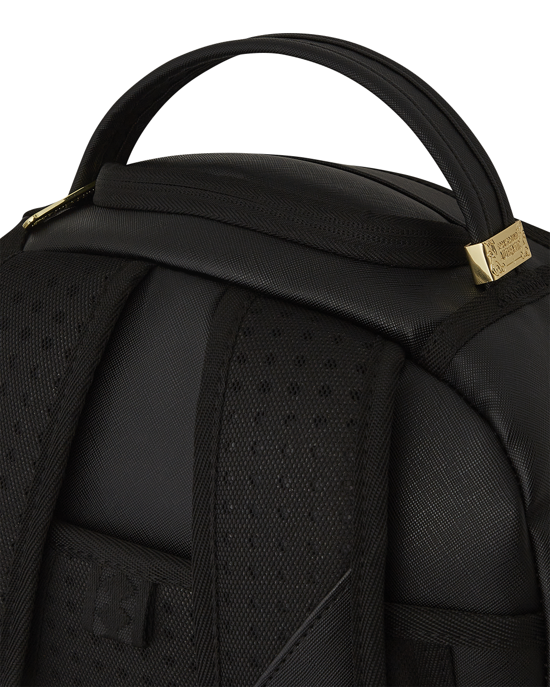 Racing Stripes Faux Leather Backpack with gold zipper and metal hardware, showcasing the front zipper pocket.