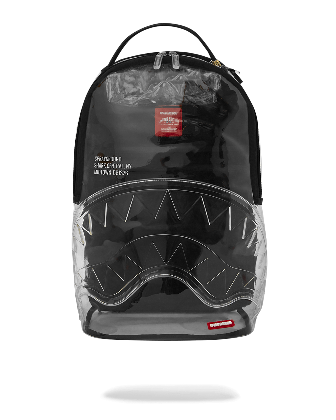 Shark Central clear backpack featuring durable PVC and ergonomic design.