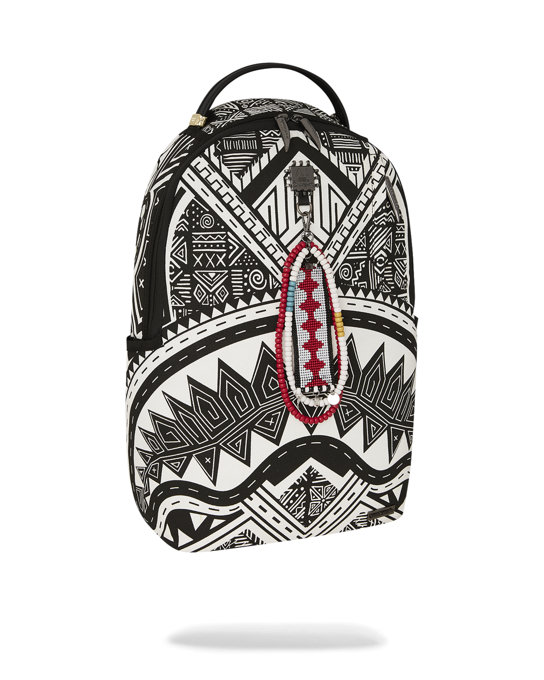 Side view highlighting water-resistant faux leather and side pockets of the backpack