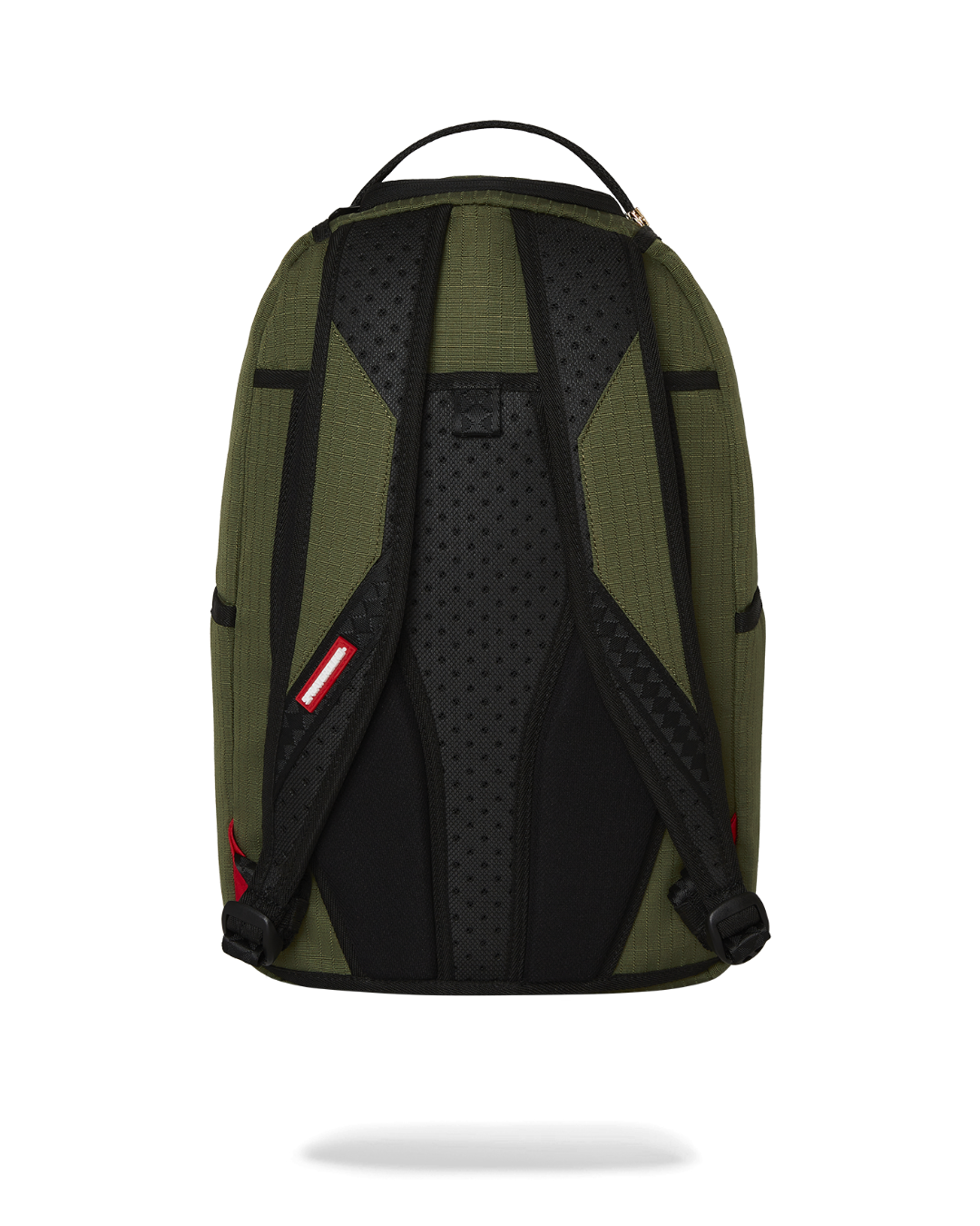 Closeup of shark backpack front showing rubber mouth and gold zipper