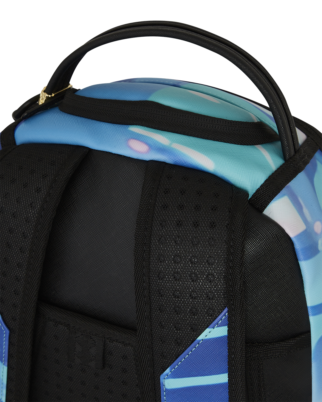 AstroMane Faux Leather Laptop Backpack - interior view, featuring separate velour laptop compartment and mesh organizer pocket.