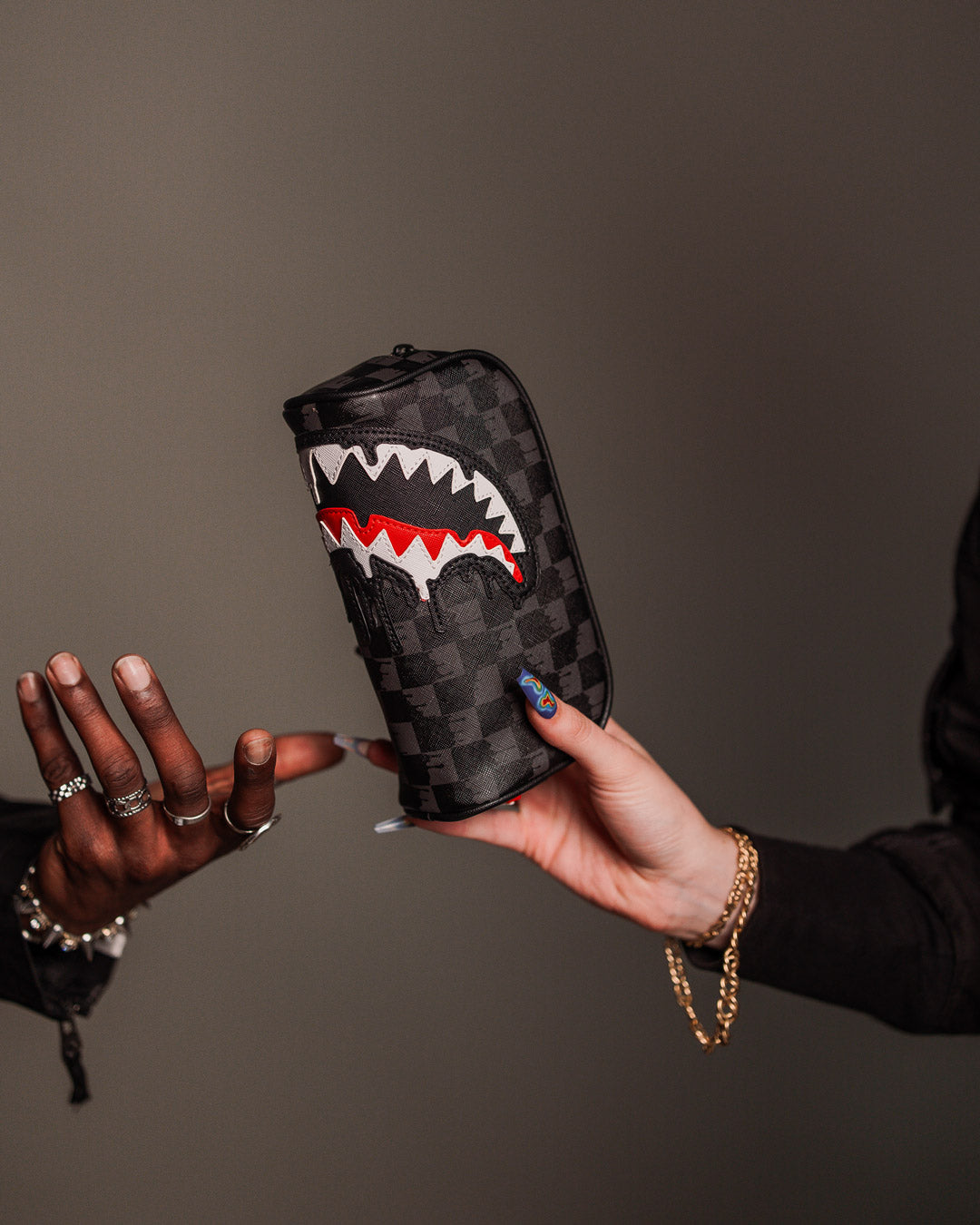 Sharks in Paris pouch being used to store makeup brushes and cosmetics.