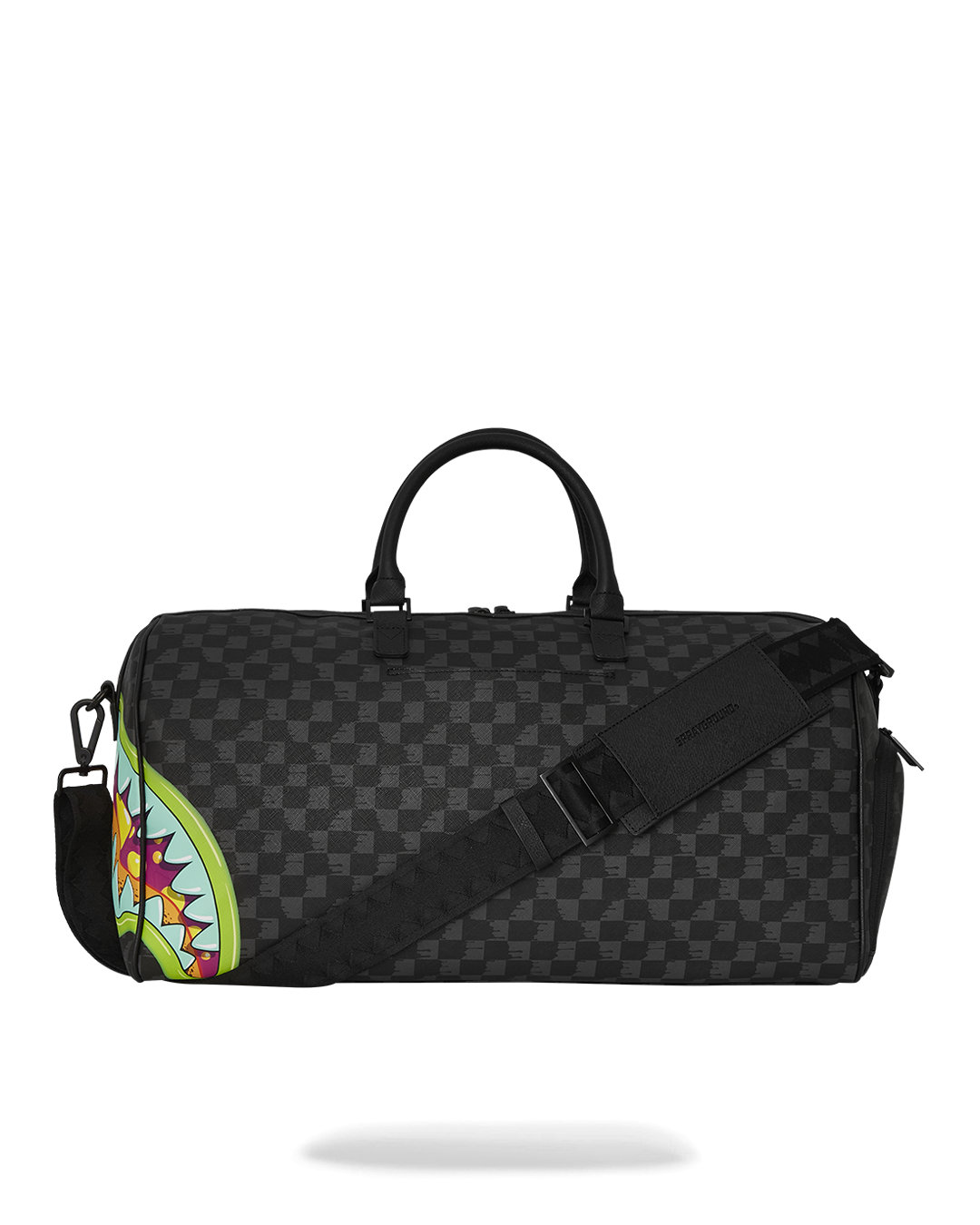 Close-up of Sprayground slime duffle bag’s gold zippers and faux leather texture