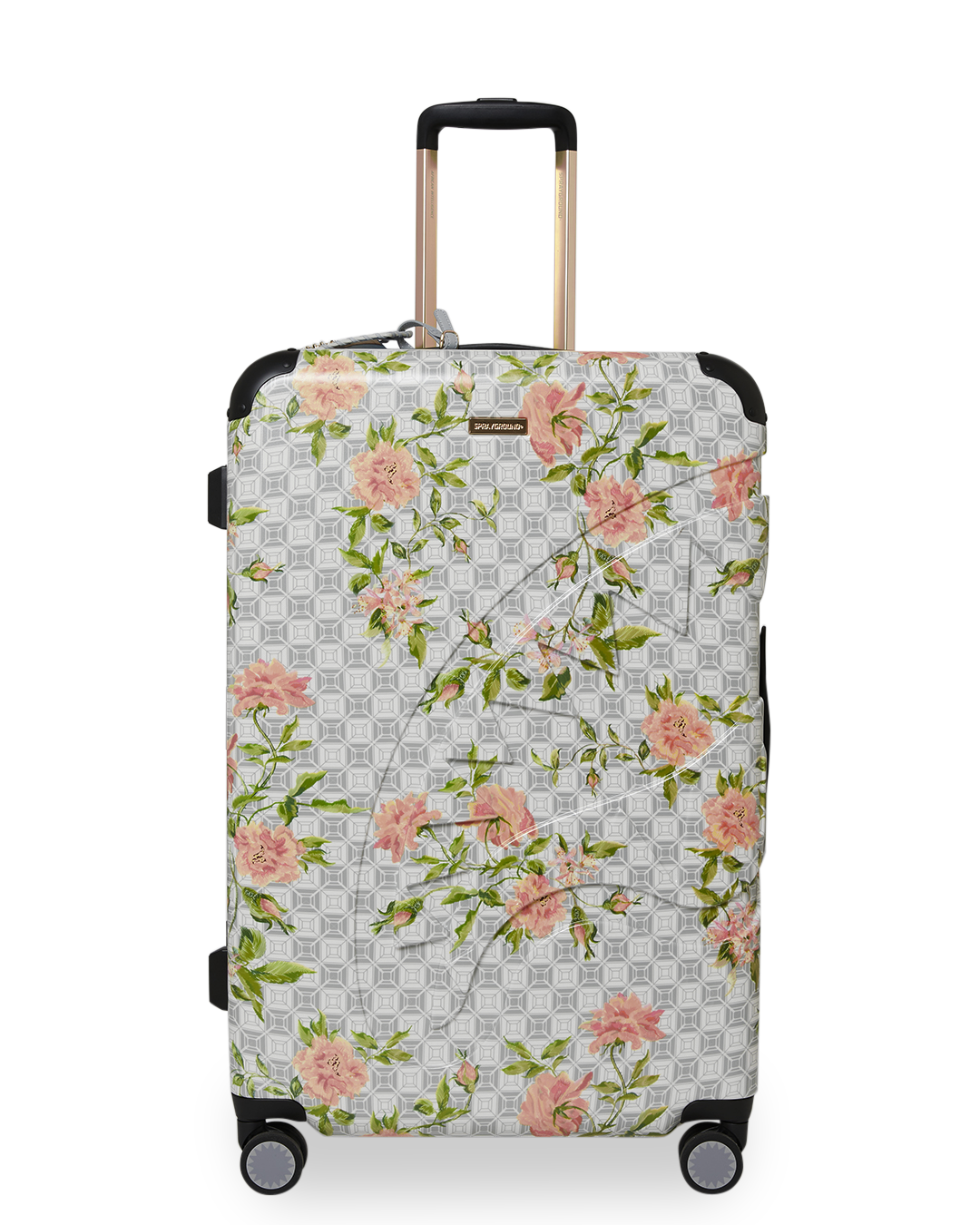 Luggage with designer luggage tags and TSA lock ready for airport travel