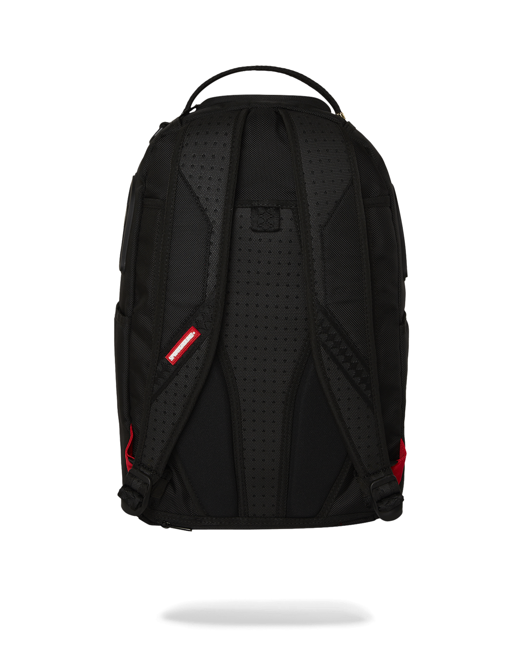 Front view of Sprayground DLXR backpack showing sharkmouth design and zipper tape